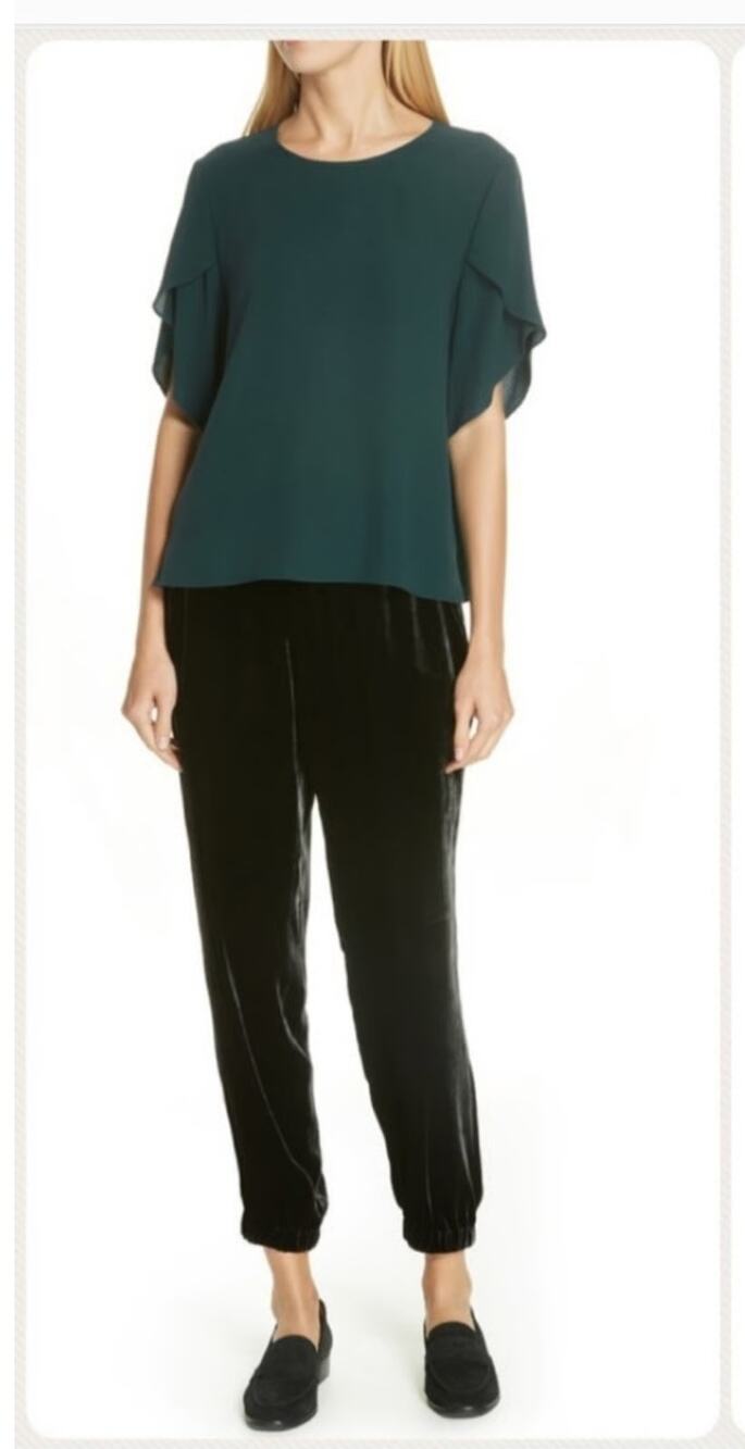 Eileen Fisher Pants Women's Sz M Black Velvet Pull On Elastic Waist Tapered Silk
